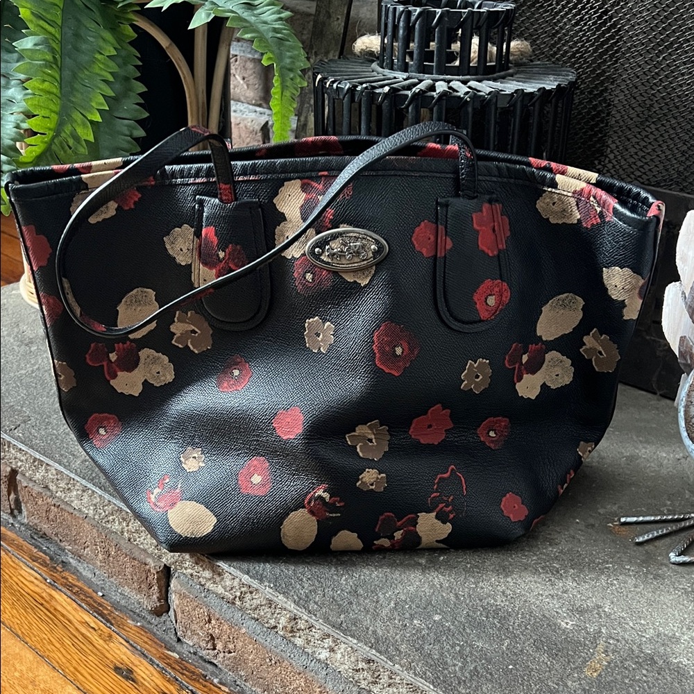 Coach Black and Red Floral Tote